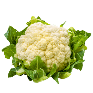 Cabeza de coliflor blanca fresca con hojas verdes