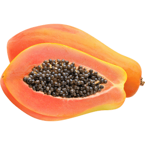 Papaya Papaya madura partida mostrando su pulpa naranja y semillas negras